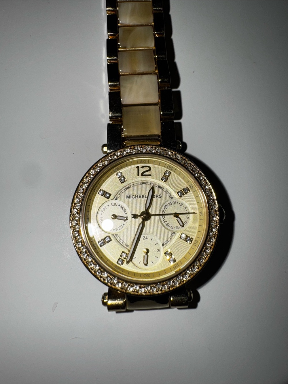 Michael Kors Gold and Cream Crystal Accent Stainless Bracelet Watch